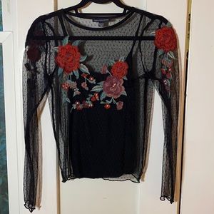 Mesh Top with Floral Embroidery